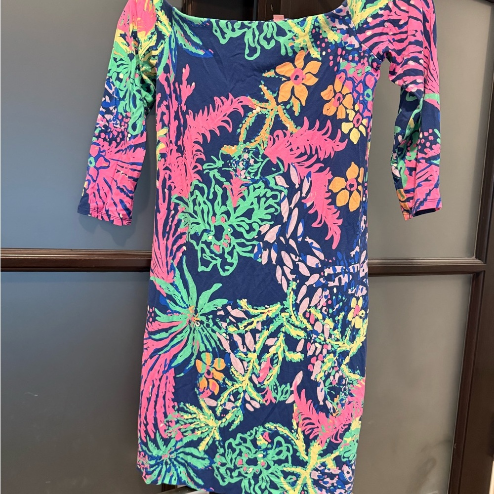 Lilly Pulitzer Navy and Pink Floral Long Sleeve Dress